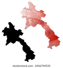 High detailed vector map. Laos. Set of two cards. Watercolor style. Red color. Black card.