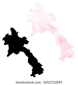 High detailed vector map. Laos. Set of two cards. Watercolor style. Pink color. Black card.