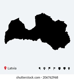 High detailed vector map of Latvia with navigation pins.