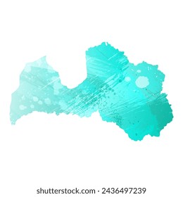 High detailed vector map. Latvia. Watercolor style. Turquoise color. Bright blue color.
