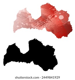 High detailed vector map. Latvia. Set of two cards. Watercolor style. Red color. Black card.