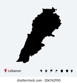 High detailed vector map of Lebanon with navigation pins.