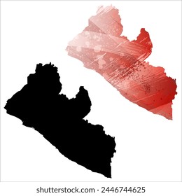 High detailed vector map. Liberia. Set of two cards. Watercolor style. Red color. Black card.