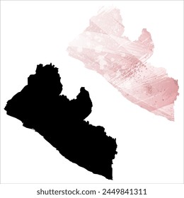 Mapa de Vector detallado. Liberia. Juego de dos cartas. Estilo acuarela. Color rosa. Tarjeta negra.