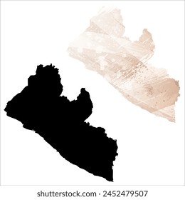 Mapa de Vector detallado. Liberia. Juego de dos cartas. Estilo acuarela. Color beige marrón. Tarjeta negra.