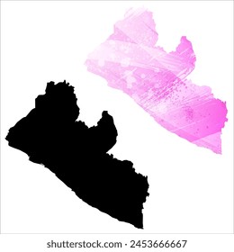 High detailed vector map. Liberia. Set of two cards. Watercolor style. Pink color. Black card.