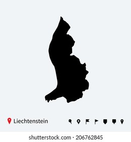 High detailed vector map of Liechtenstein with navigation pins.