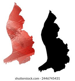 High detailed vector map. Liechtenstein. Set of two cards. Watercolor style. Red color. Black card.