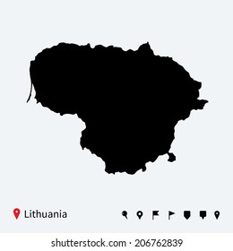 High detailed vector map of Lithuania with navigation pins.