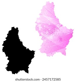 Mapa de Vector detallado. Luxemburgo. Juego de dos cartas. Estilo acuarela. Color rosa. Tarjeta negra.