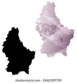 Mapa de Vector detallado. Luxemburgo. Juego de dos cartas. Estilo acuarela. Color púrpura. Tarjeta negra.