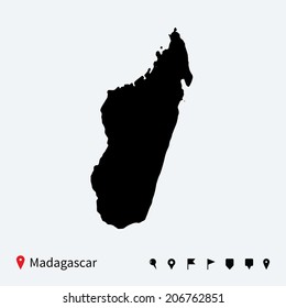 High detailed vector map of Madagascar with navigation pins.