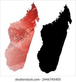 High detailed vector map. Madagascar. Set of two cards. Watercolor style. Red color. Black card.