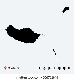 High detailed vector map of Madeira with navigation pins.