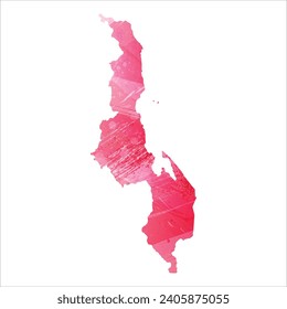 Hohe detaillierte Vektorkarte. Malawi. Aquarell. Amaranth rote Farbe.