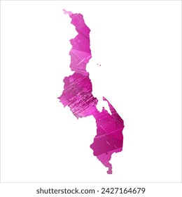 Mapa vectorial detallado. Malawi. Estilo acuarela. Color de berenjena. Color púrpura brillante.
