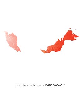 Mapa vectorial detallado alto. Malasia. Estilo acuarela. Color rojo brillante escarlata.