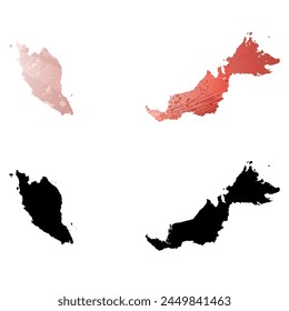 Mapa de Vector detallado. Malasia. Juego de dos cartas. Estilo acuarela. Color rojo. Tarjeta negra.