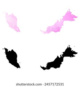 Mapa de Vector detallado. Malasia. Juego de dos cartas. Estilo acuarela. Color rosa. Tarjeta negra.