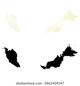 Mapa de Vector detallado. Malasia. Juego de dos cartas. Estilo acuarela. Color limón amarillo. Tarjeta negra.