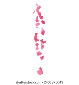 High detailed vector map. Maldives. Watercolor style. Amaranth red color.