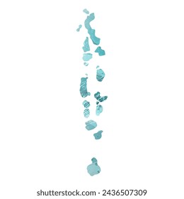 High detailed vector map. Maldives. Watercolor style. Turquoise blue color. Blue is a deep color.