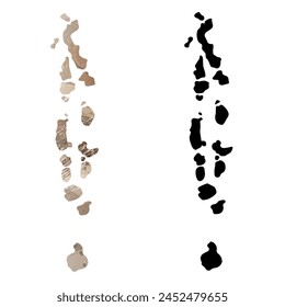 High detailed vector map. Maldives. Set of two cards. Watercolor style. Brown color. Black card.
