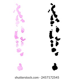High detailed vector map. Maldives. Set of two cards. Watercolor style. Pink color. Black card.
