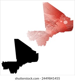 High detailed vector map. Mali. Set of two cards. Watercolor style. Red color. Black card.