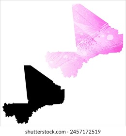 High detailed vector map. Mali. Set of two cards. Watercolor style. Pink color. Black card.
