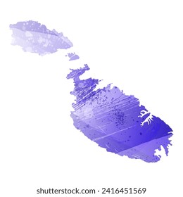 High detailed vector map. Malta. Watercolor style. Aspid blue color. A violet, delicate, pastel color.