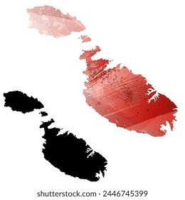 High detailed vector map. Malta. Set of two cards. Watercolor style. Red color. Black card.