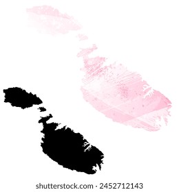 High detailed vector map. Malta. Set of two cards. Watercolor style. Pink color. Black card.