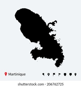 High detailed vector map of Martinique with navigation pins.