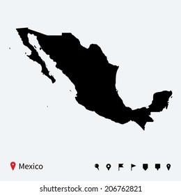 High detailed vector map of Mexico with navigation pins.