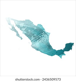 High detailed vector map. Mexico. Watercolor style. Turquoise blue color. Blue is a deep color.