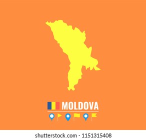 High detailed vector map of Moldova. Name country, flag and pointer set. Flat vector illustration.