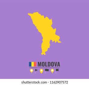 High detailed vector map of Moldova. Name country, flag and pointer set. Flat vector illustration.