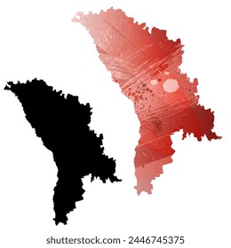 Mapa de Vector detallado. Moldova. Juego de dos cartas. Estilo acuarela. Color rojo. Tarjeta negra.