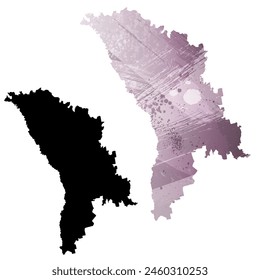 Mapa de Vector detallado. Moldova. Juego de dos cartas. Estilo acuarela. Color púrpura. Tarjeta negra.