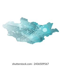 High detailed vector map. Mongolia. Watercolor style. Turquoise blue color. Blue is a deep color.