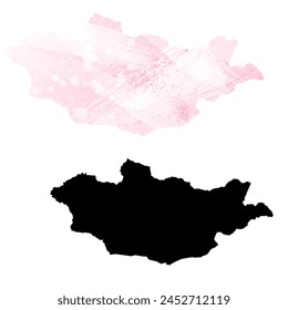Mapa de Vector detallado. Mongolia. Juego de dos cartas. Estilo acuarela. Color rosa. Tarjeta negra.