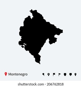 High detailed vector map of Montenegro with navigation pins.