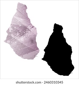 Mapa de Vector detallado. Montserrat. Juego de dos cartas. Estilo acuarela. Color púrpura. Tarjeta negra.