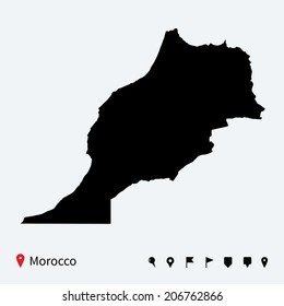 High detailed vector map of Morocco with navigation pins.