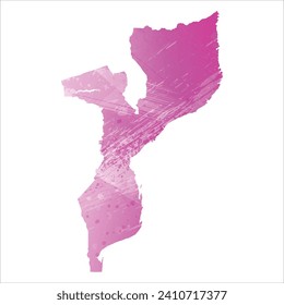 Mapa vectorial detallado alto. Mozambique. Estilo acuarela. Color rosa amaranto claro cerezo.