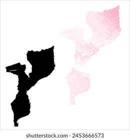 High detailed vector map. Mozambique. Set of two cards. Watercolor style. Pink color. Black card.