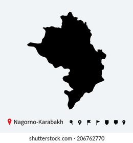 High detailed vector map of Nagorno-Karabakh with navigation pins.