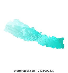 High detailed vector map. Nepal. Watercolor style. Turquoise color. Bright blue color.