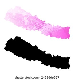 High detailed vector map. Nepal. Set of two cards. Watercolor style. Pink color. Black card.